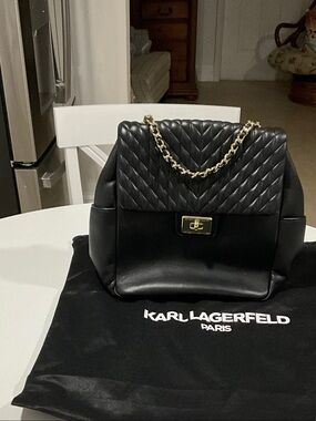 Karl Lagerfeld Black Quilted Leather Shoulder Bag with Gold Chain